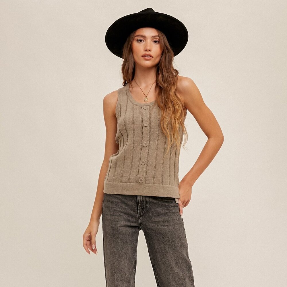 HEM & THREAD Sage Button Front Knit Tank Top | Ribbed Sweater Vest